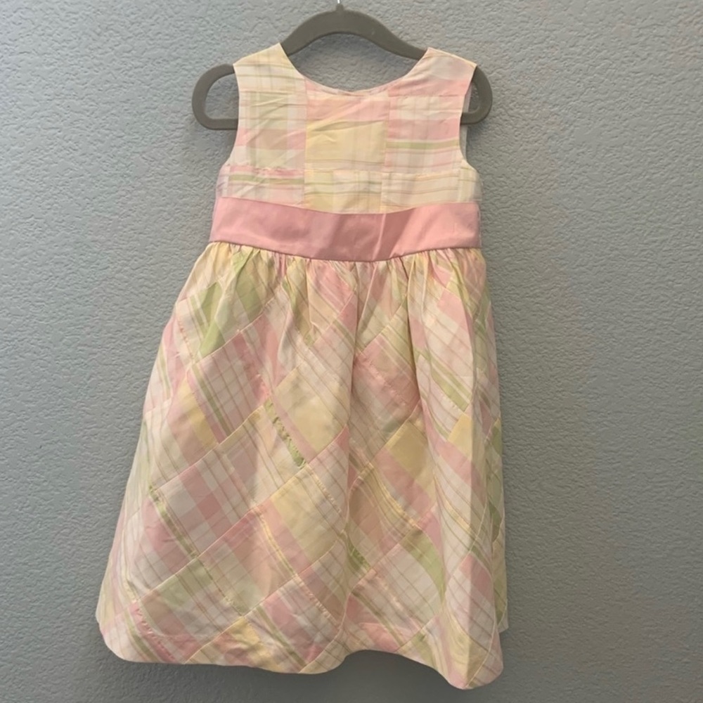 Janie and Jack silk bow dress pale pink & white plaid. 3T